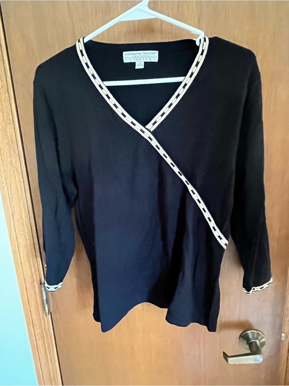 Carolyn Taylor Black Knit Wrap-Style Top with Cream Trim